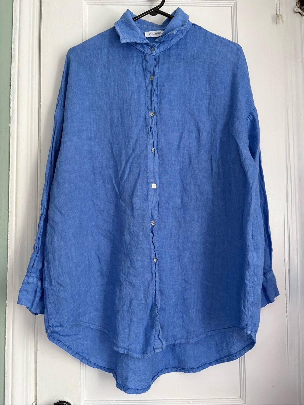 Beaghwood Blue Linen Button Front Ruffle Collar Tunic Blouse, Sz: O/S